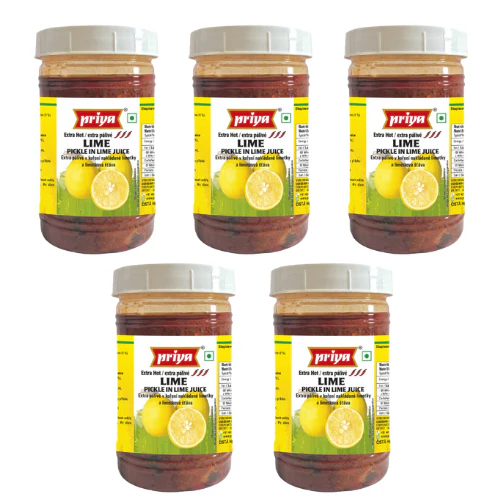 Priya Lemon Pickle (Extra Hot) in Lemon Juice Without Garlic - PET JAR (Bundle of 5 x 300g)